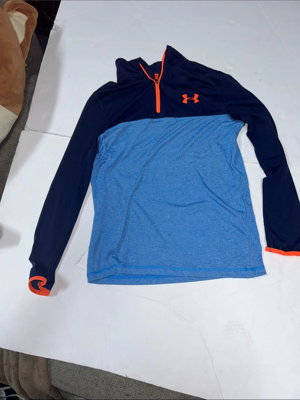 Under Armour Boys' Blue Navy & Orange Quarter-Zip Pullover Youth Medium